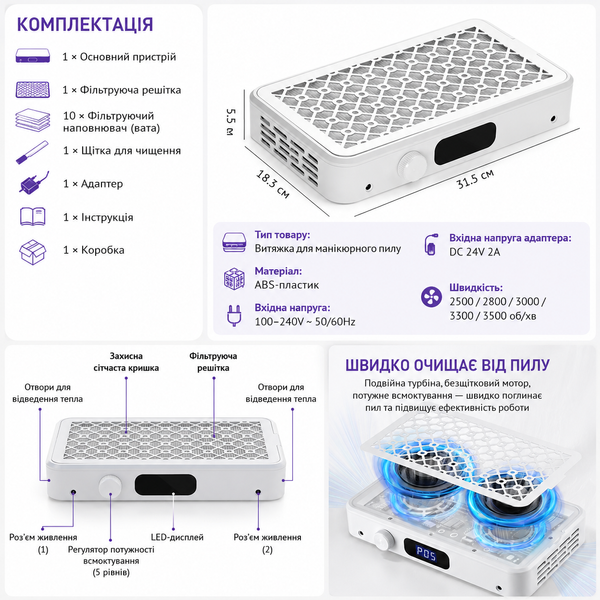 Професійна витяжка для манікюру SNRQI W30 150W з двома турбінами, біла 00170 фото