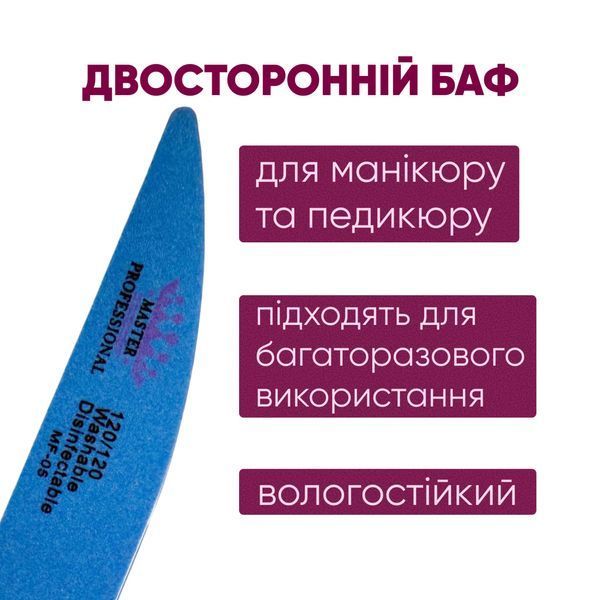 Баф для манікюру крапля Master Professional 120/120, багаторазовий, синій MF-06 фото